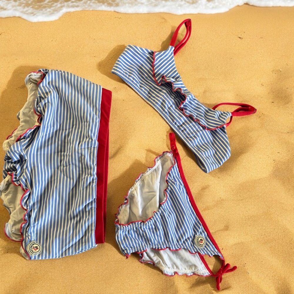 Moncler Logo-print Ruffle 3-PCS Swimsuit Red White Blue Little Girl Sz6 fits 4-6